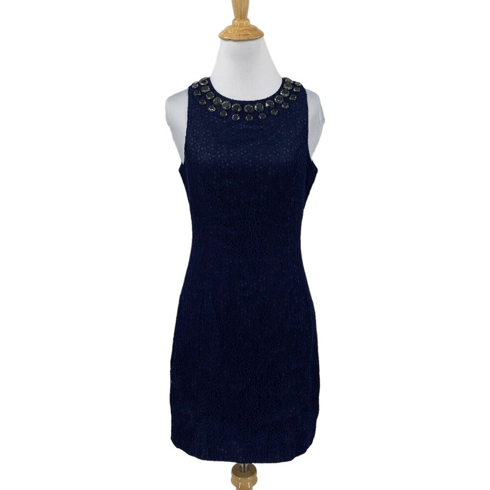 Trina Turk Dress Womens 0 Navy Sheath Lace Beaded Neckline Back Zip Fully Lined